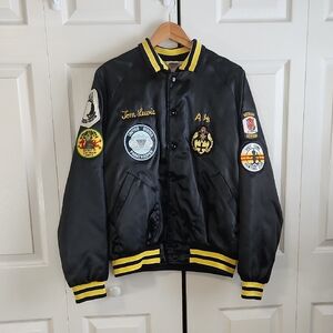 Vintage Aristo Jac Mens Satin Black & Yellow Varsity Bomber Jacket Size LG 80s